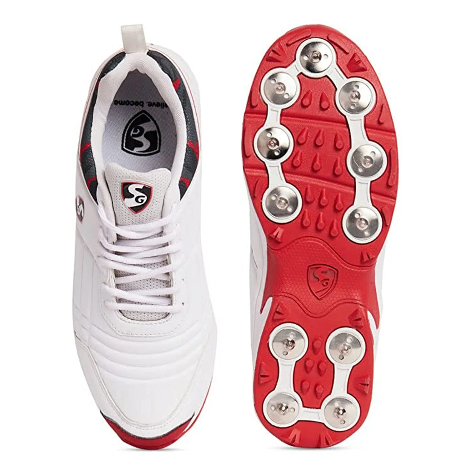 SG Savage Spikes 1.0 Cricket Shoe, White/Red/Grey