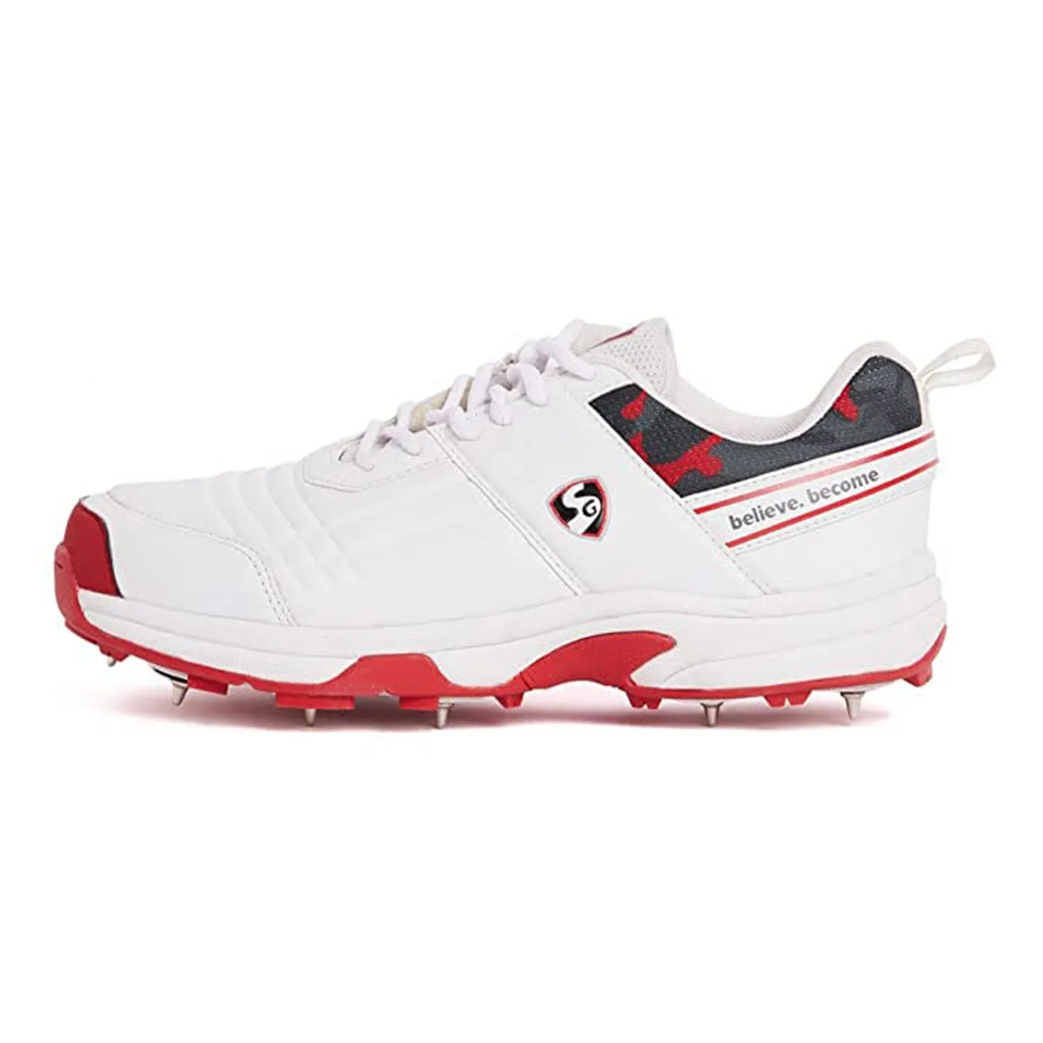 SG Savage Spikes 1.0 Cricket Shoe, White/Red/Grey