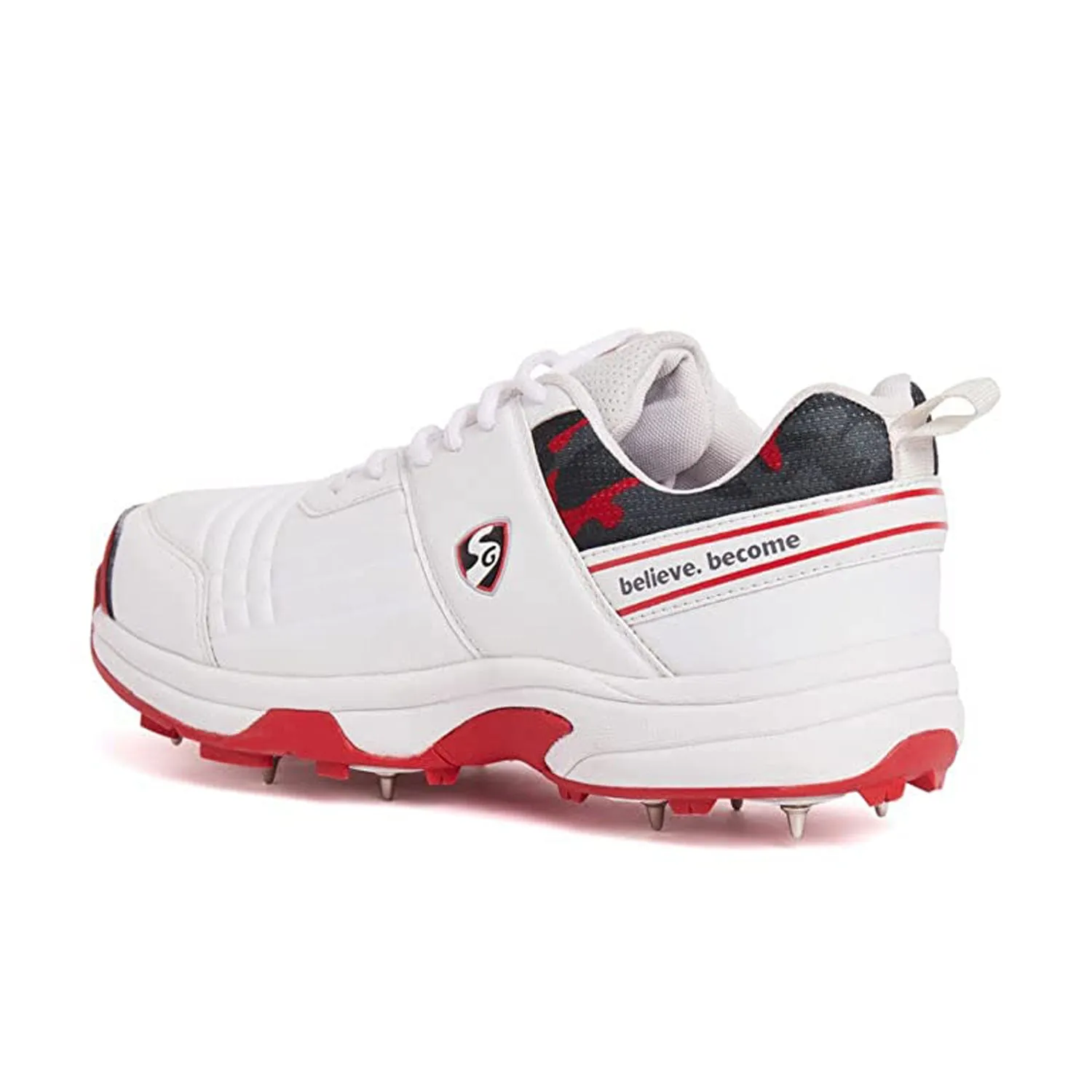 SG Savage Spikes 1.0 Cricket Shoe, White/Red/Grey