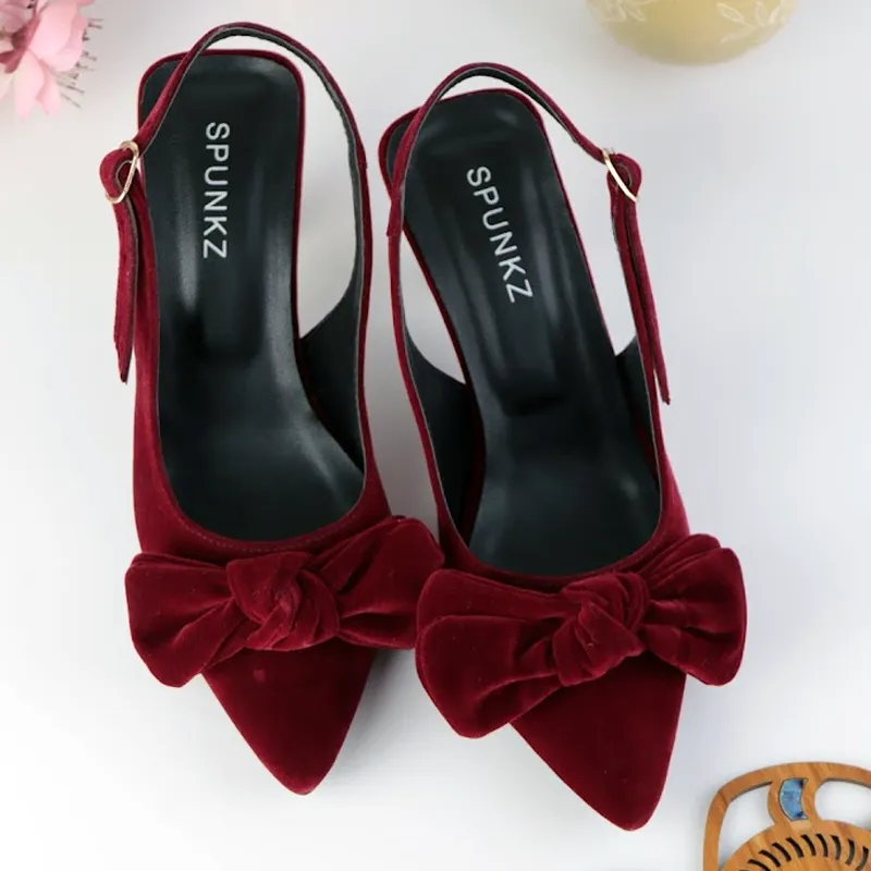 Sueded Heel Kitten Bow Slip-On Shallow Velvet Pumps