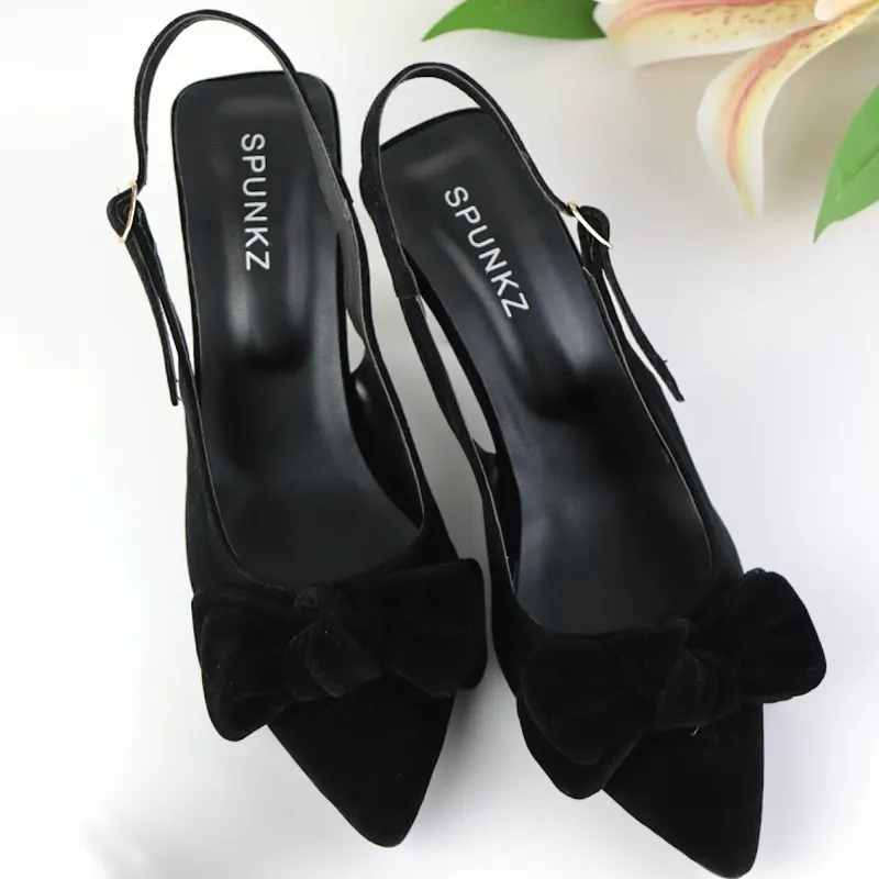 Sueded Heel Kitten Bow Slip-On Shallow Velvet Pumps