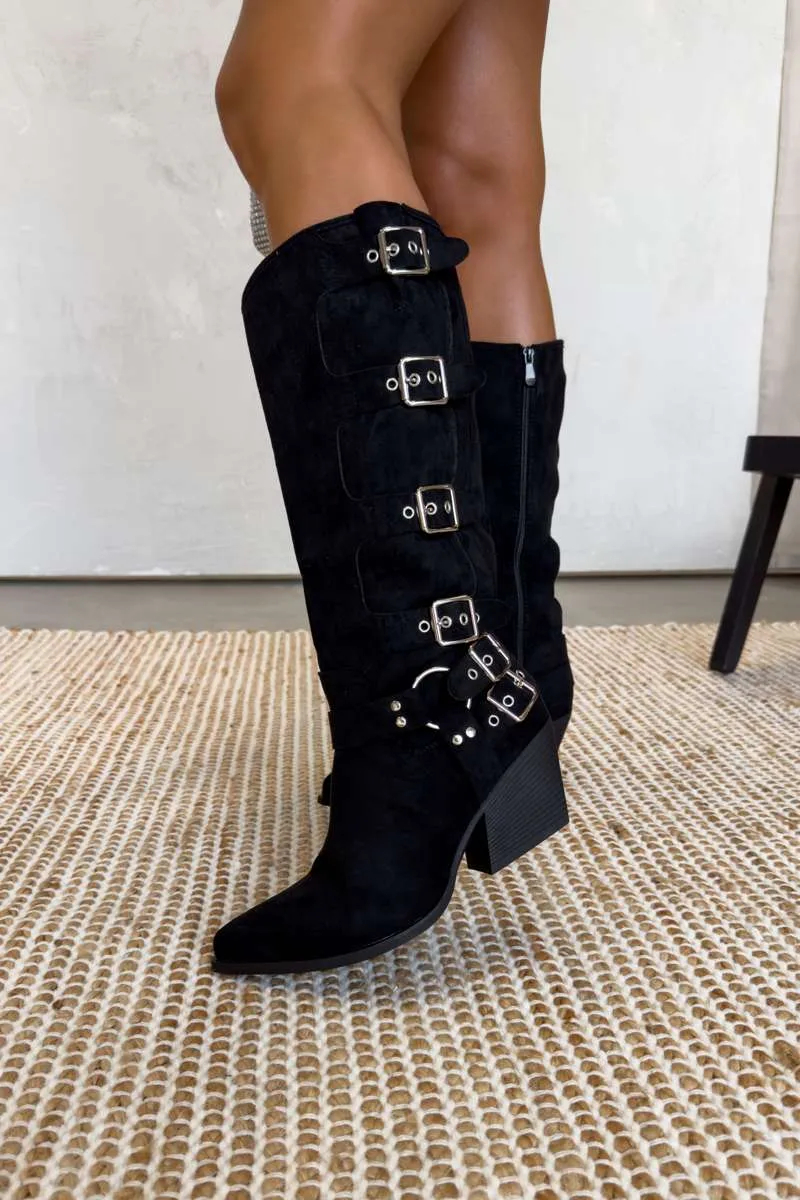 TEXAS Mid Calf Cowboy Buckle Western Boots - Black