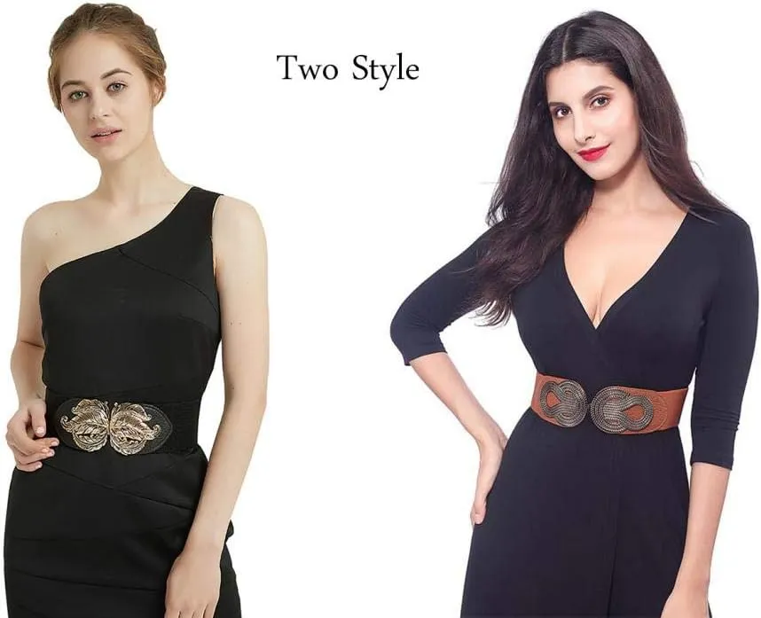 VOCHIC 2pcs Vintage Basic Stretchy Elastic Wide Waist Belt for Womens Dress Metal Interlock Buckle