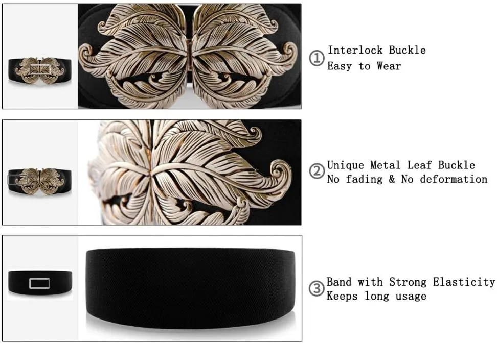 VOCHIC 2pcs Vintage Basic Stretchy Elastic Wide Waist Belt for Womens Dress Metal Interlock Buckle