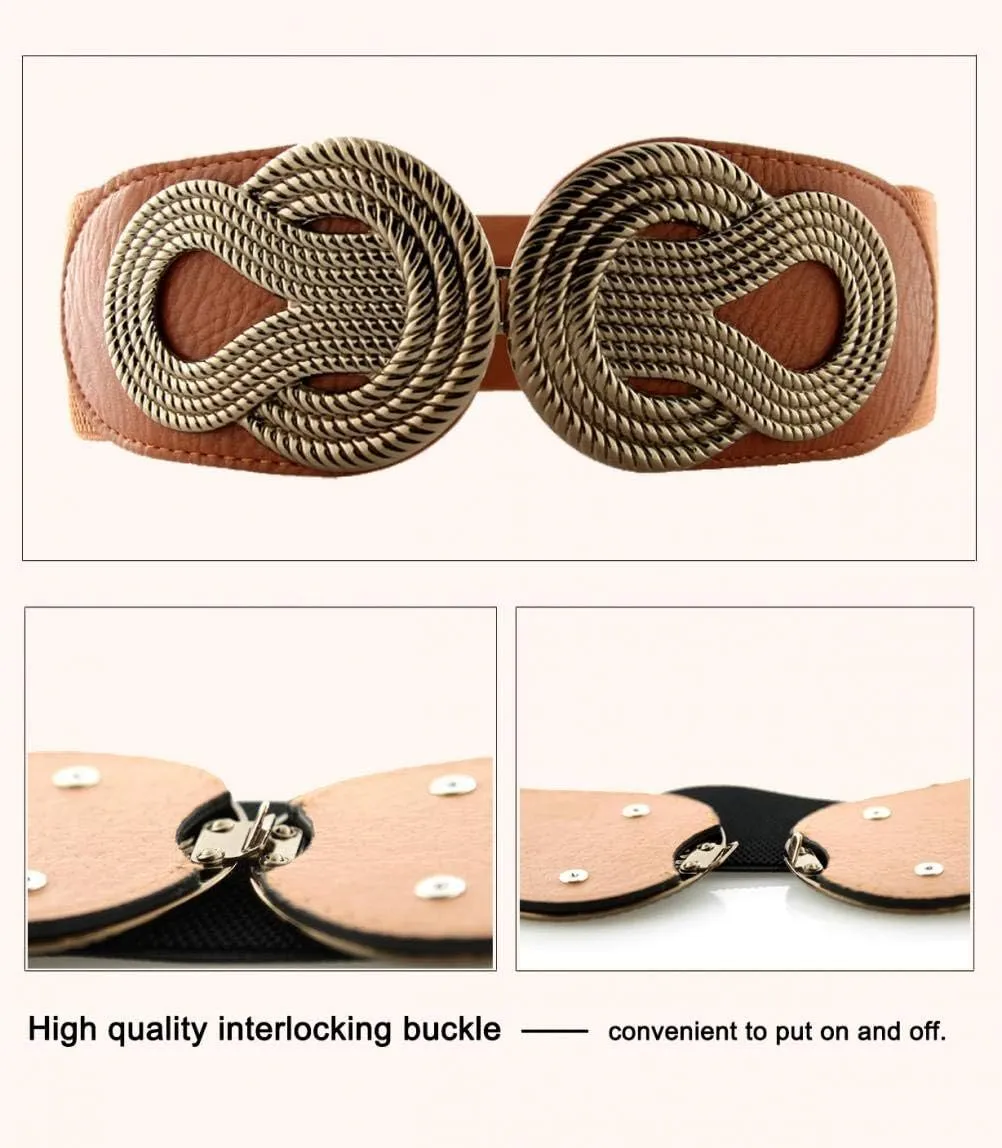 VOCHIC 2pcs Vintage Basic Stretchy Elastic Wide Waist Belt for Womens Dress Metal Interlock Buckle
