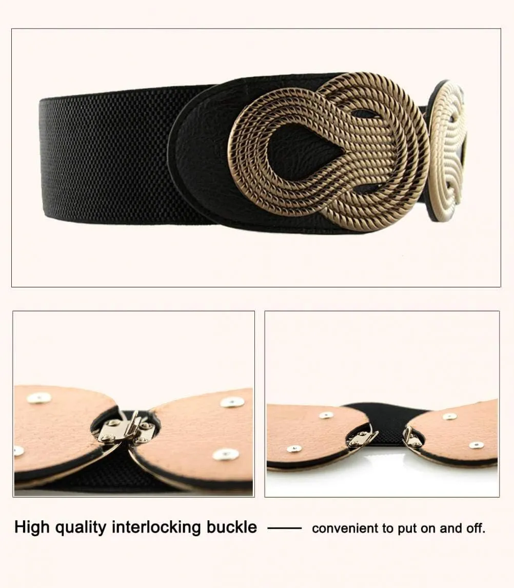 VOCHIC 2pcs Vintage Basic Stretchy Elastic Wide Waist Belt for Womens Dress Metal Interlock Buckle