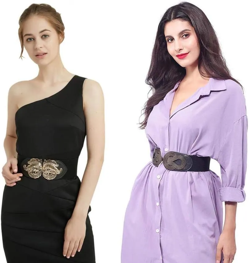 VOCHIC 2pcs Vintage Basic Stretchy Elastic Wide Waist Belt for Womens Dress Metal Interlock Buckle