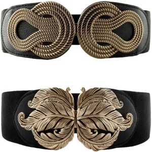 VOCHIC 2pcs Vintage Basic Stretchy Elastic Wide Waist Belt for Womens Dress Metal Interlock Buckle