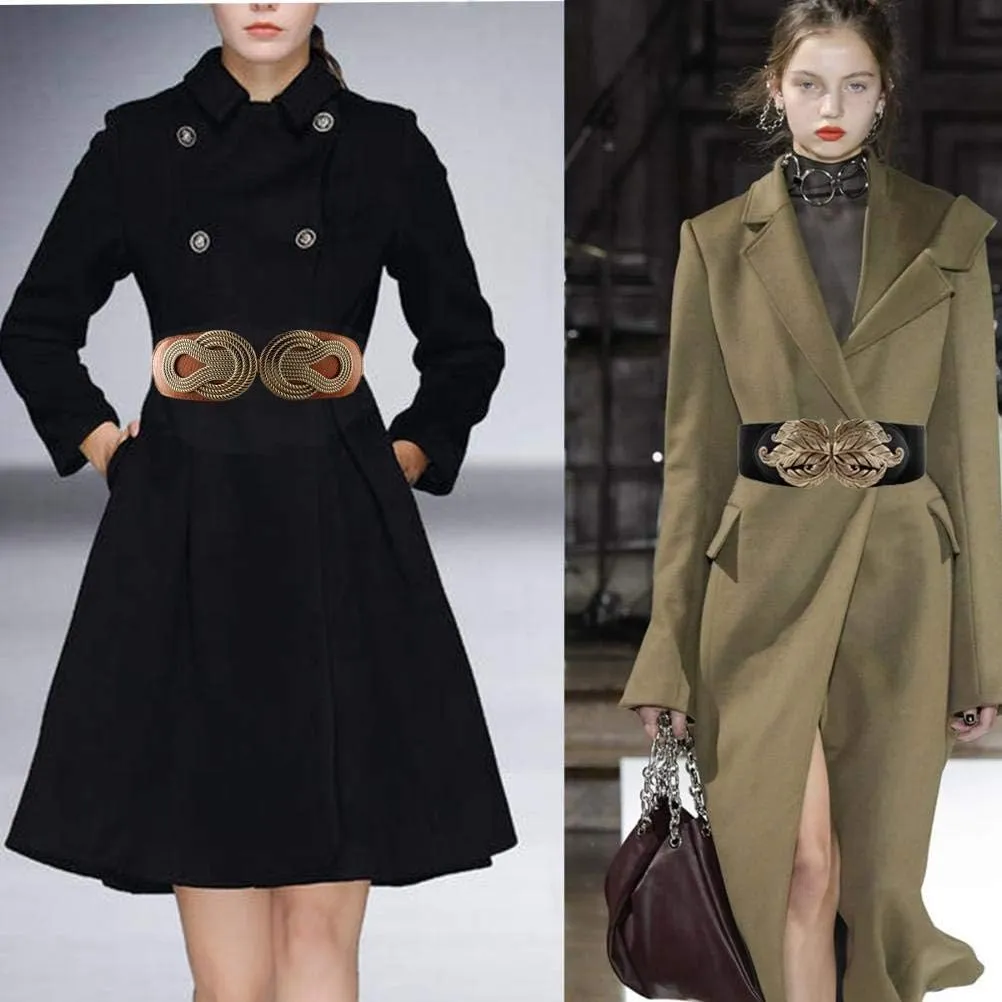 VOCHIC 2pcs Vintage Basic Stretchy Elastic Wide Waist Belt for Womens Dress Metal Interlock Buckle