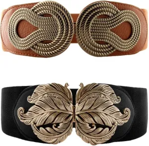 VOCHIC 2pcs Vintage Basic Stretchy Elastic Wide Waist Belt for Womens Dress Metal Interlock Buckle