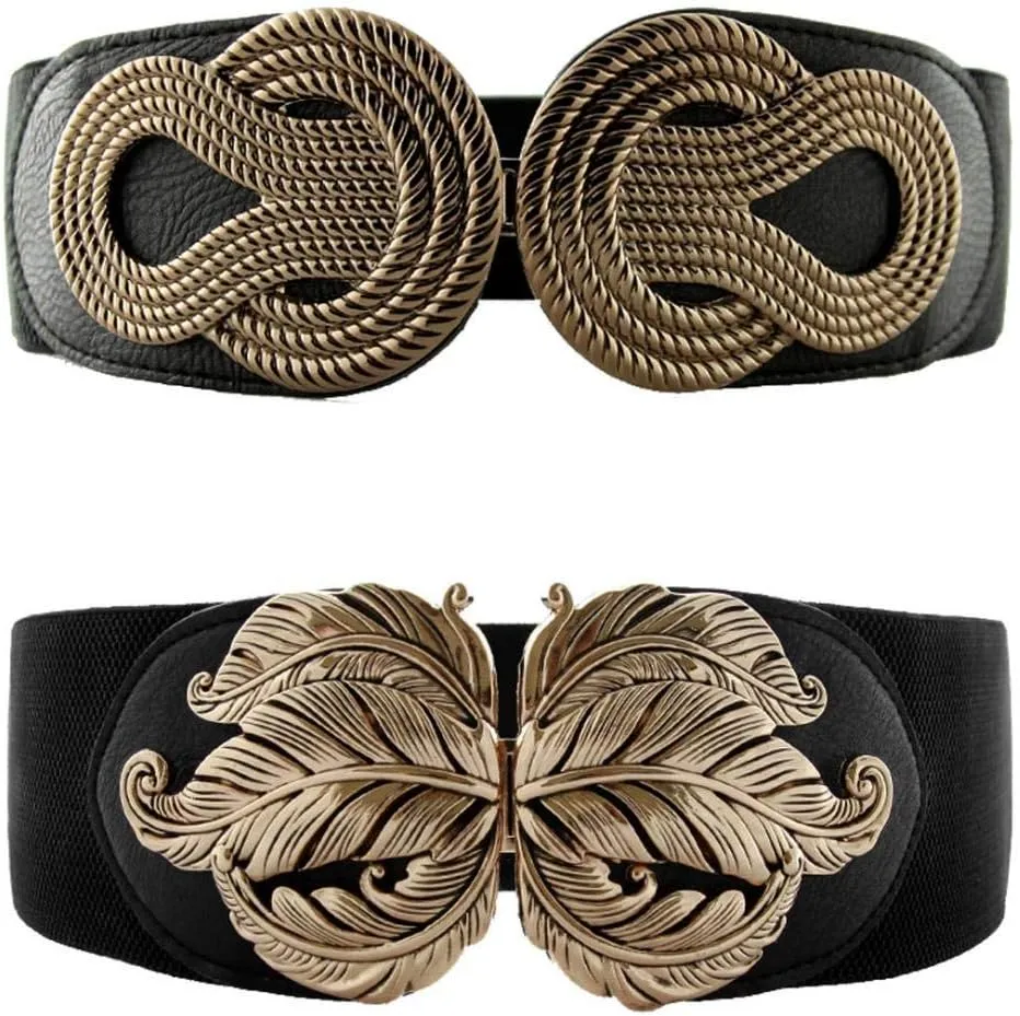 VOCHIC 2pcs Vintage Basic Stretchy Elastic Wide Waist Belt for Womens Dress Metal Interlock Buckle