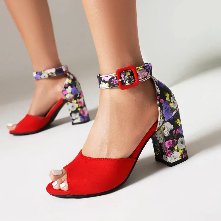 Women's Bicolor Peep Toe Ankle Strap Block Heel Sandals