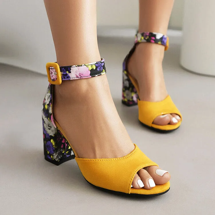 Women's Bicolor Peep Toe Ankle Strap Block Heel Sandals