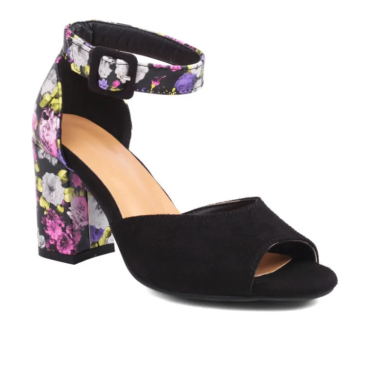 Women's Bicolor Peep Toe Ankle Strap Block Heel Sandals