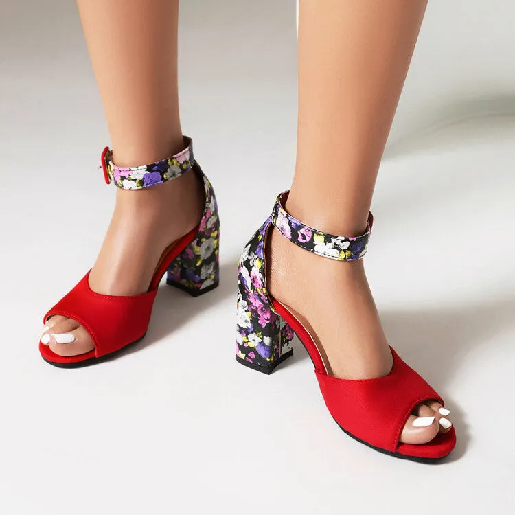 Women's Bicolor Peep Toe Ankle Strap Block Heel Sandals