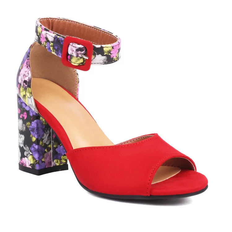 Women's Bicolor Peep Toe Ankle Strap Block Heel Sandals