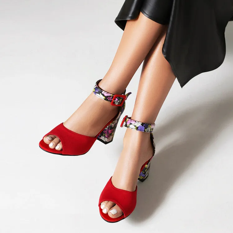 Women's Bicolor Peep Toe Ankle Strap Block Heel Sandals