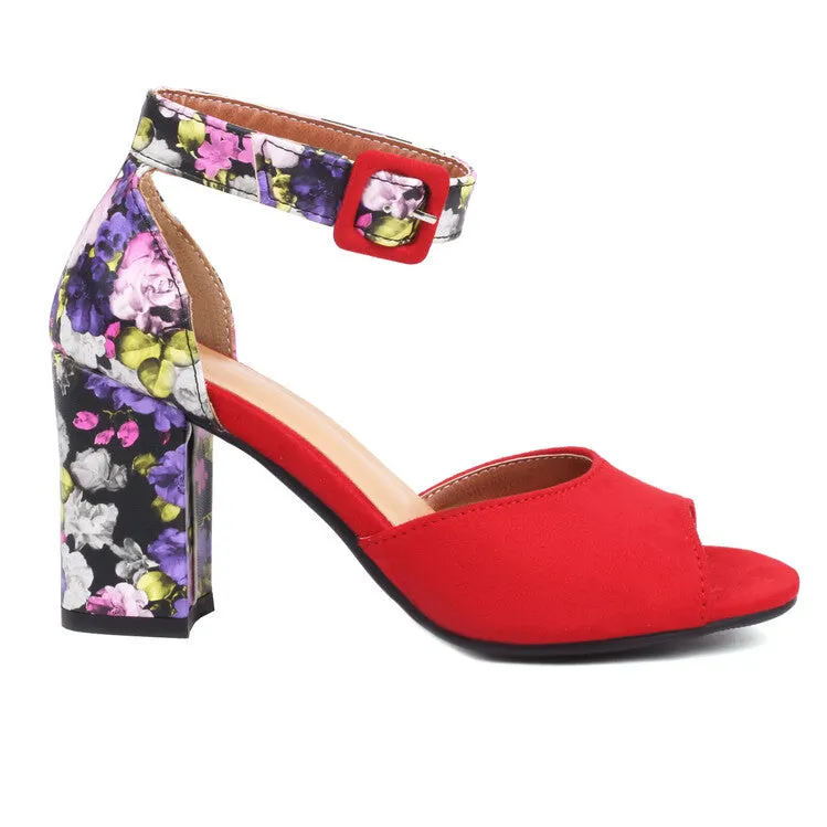 Women's Bicolor Peep Toe Ankle Strap Block Heel Sandals