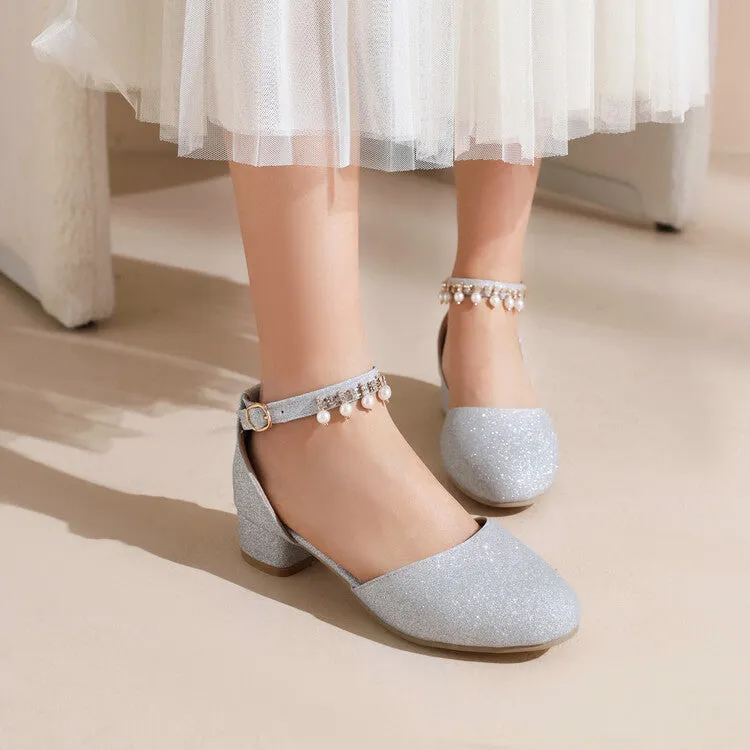 Women's Bling Bling Round Toe Hollow Out Ankle Strap Pearls Rhinestone Block Heel Low Heels Sandals