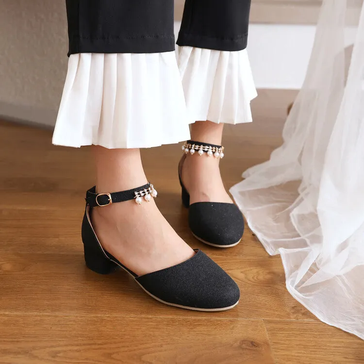 Women's Bling Bling Round Toe Hollow Out Ankle Strap Pearls Rhinestone Block Heel Low Heels Sandals