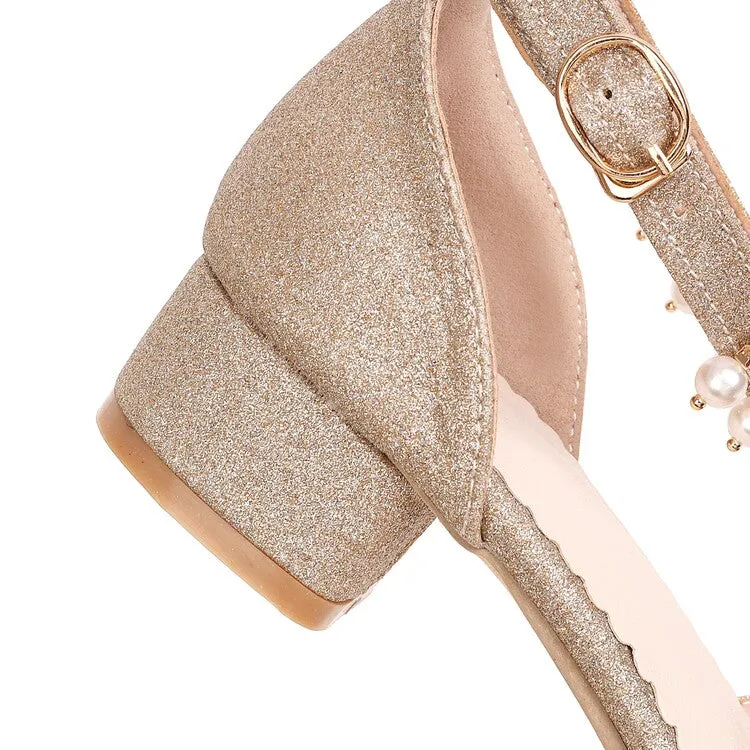Women's Bling Bling Round Toe Hollow Out Ankle Strap Pearls Rhinestone Block Heel Low Heels Sandals