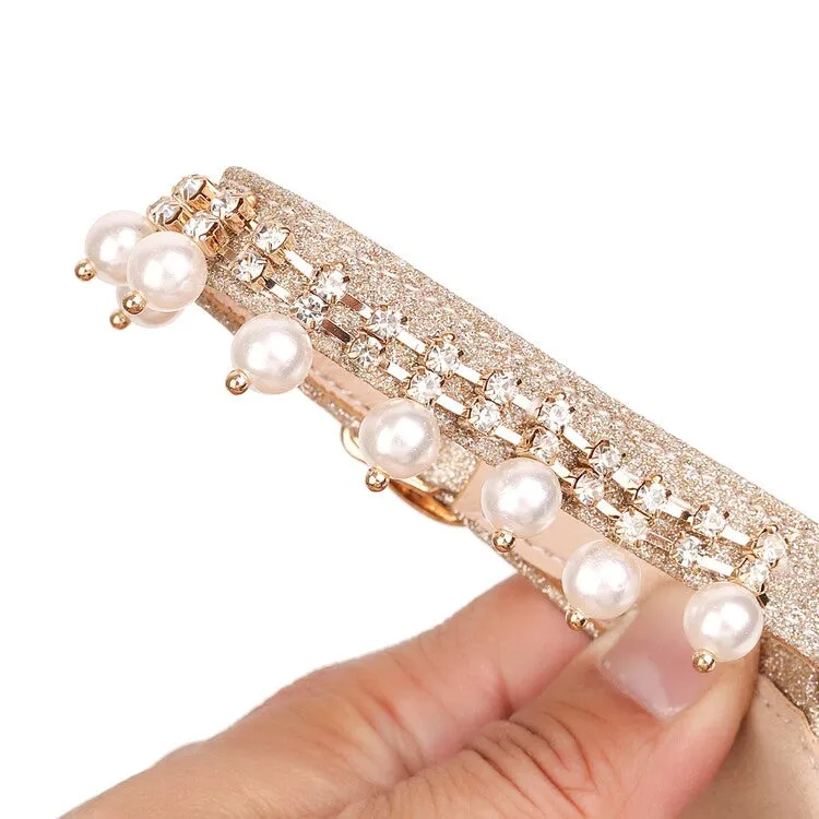 Women's Bling Bling Round Toe Hollow Out Ankle Strap Pearls Rhinestone Block Heel Low Heels Sandals