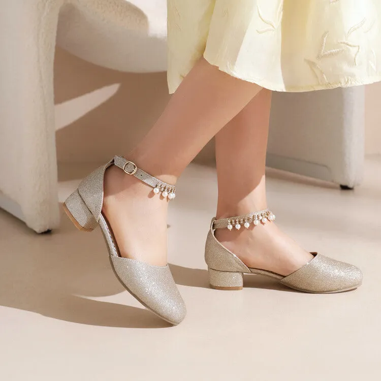 Women's Bling Bling Round Toe Hollow Out Ankle Strap Pearls Rhinestone Block Heel Low Heels Sandals