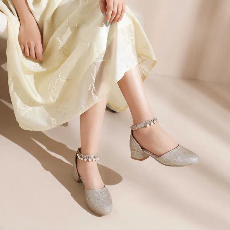 Women's Bling Bling Round Toe Hollow Out Ankle Strap Pearls Rhinestone Block Heel Low Heels Sandals