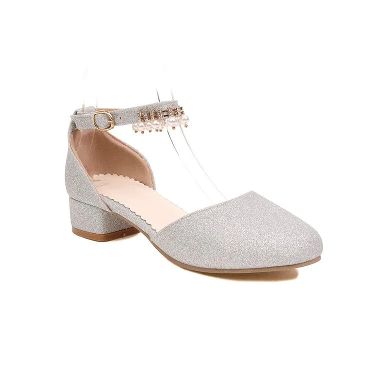 Women's Bling Bling Round Toe Hollow Out Ankle Strap Pearls Rhinestone Block Heel Low Heels Sandals