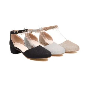 Women's Bling Bling Round Toe Hollow Out Ankle Strap Pearls Rhinestone Block Heel Low Heels Sandals