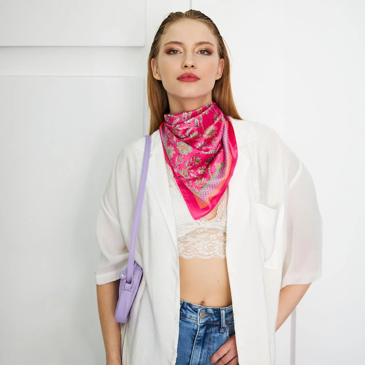 Womens Neck Scarf 21"x21" Small Square | Headband Scarf Ethnic Bandana Head Scarf Flowering Breathable Lightweight