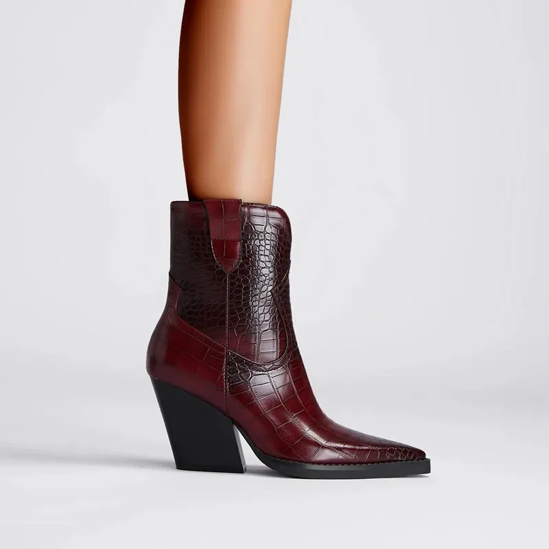 Women's Pointed Toe Croco Pattern High Heels Western Short Boots