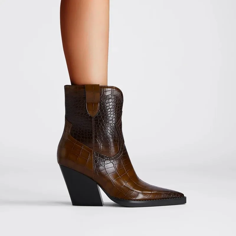 Women's Pointed Toe Croco Pattern High Heels Western Short Boots