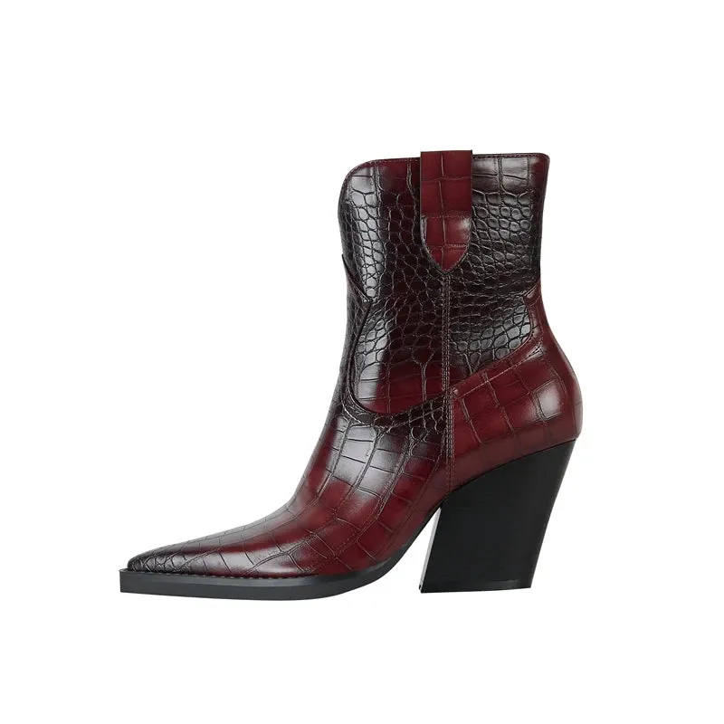 Women's Pointed Toe Croco Pattern High Heels Western Short Boots