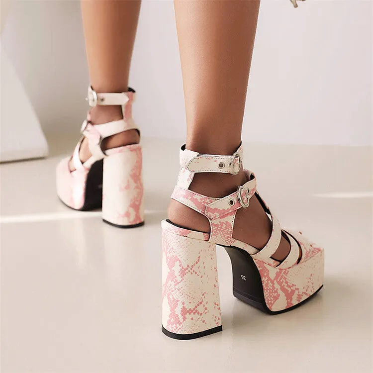 Women's Solid Color Glossy Ankle Strap Thick Sole Block Heel Platform Sandals
