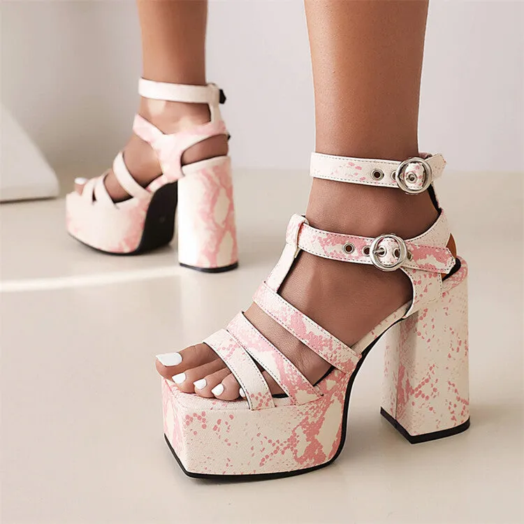 Women's Solid Color Glossy Ankle Strap Thick Sole Block Heel Platform Sandals