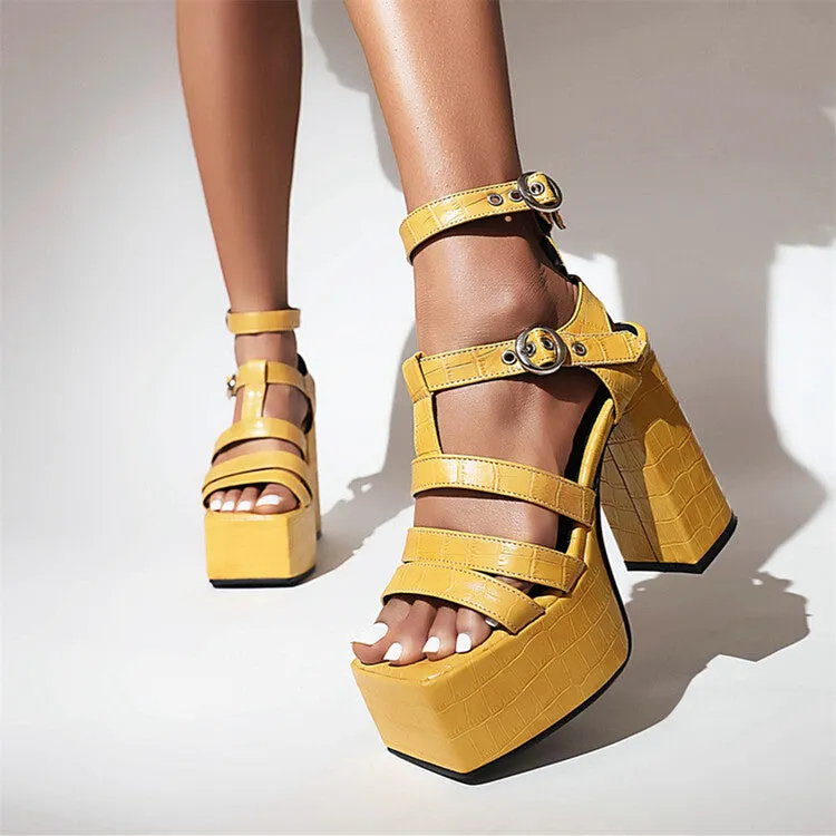 Women's Solid Color Glossy Ankle Strap Thick Sole Block Heel Platform Sandals