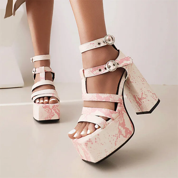 Women's Solid Color Glossy Ankle Strap Thick Sole Block Heel Platform Sandals