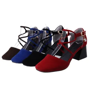 Women's Solid Color Rhinestone Ankle Strap Block Heel Sandals