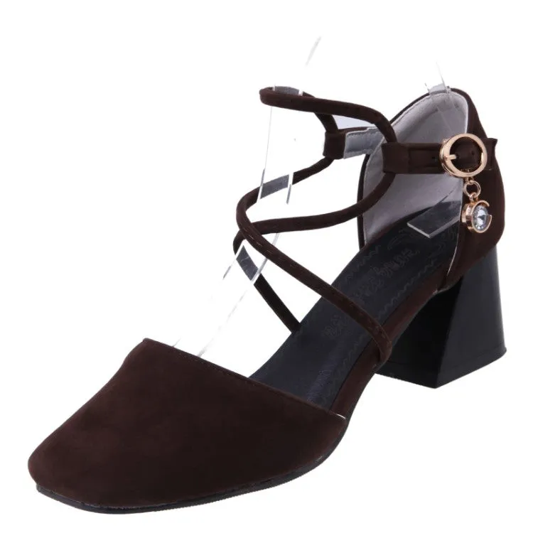 Women's Solid Color Rhinestone Ankle Strap Block Heel Sandals