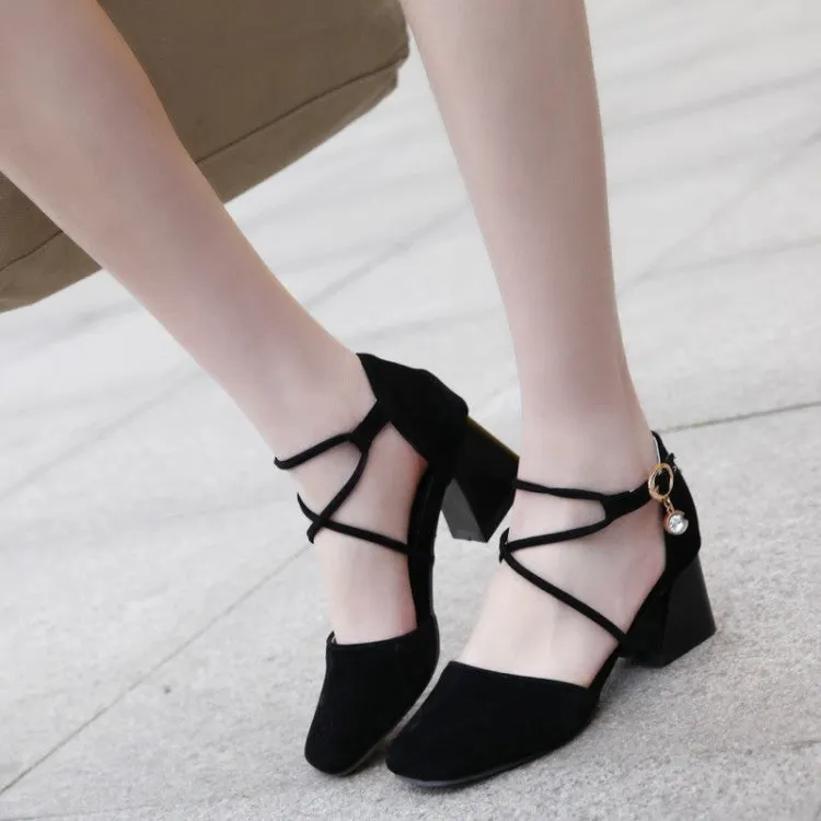 Women's Solid Color Rhinestone Ankle Strap Block Heel Sandals