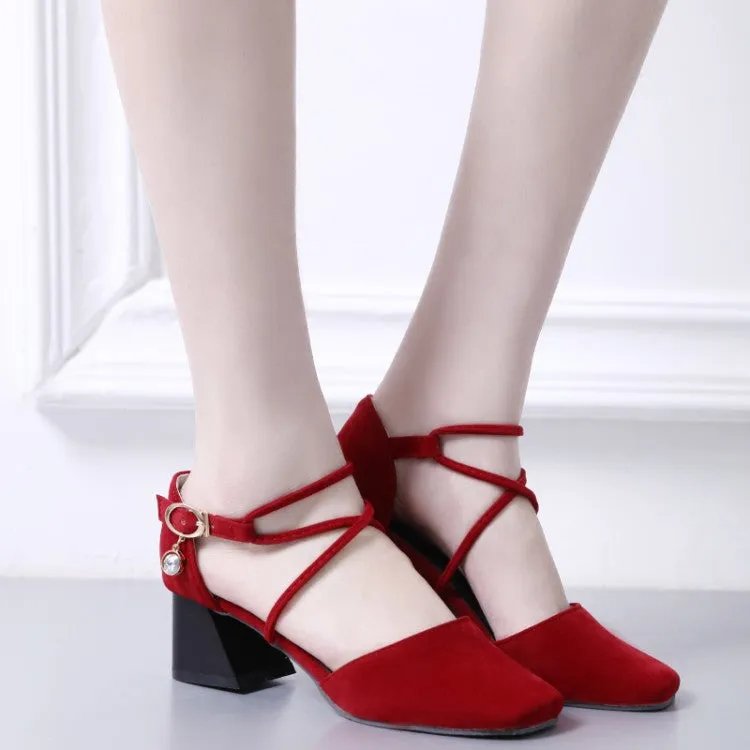 Women's Solid Color Rhinestone Ankle Strap Block Heel Sandals