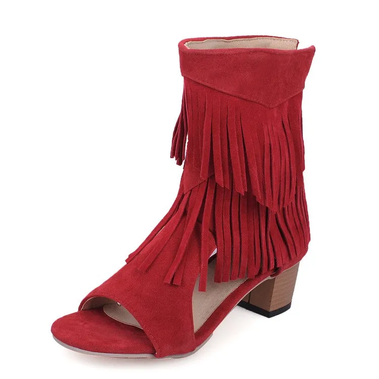 Women's Solid Color Suede Tassel Round Toe Hollow Out Block Heel Sandals