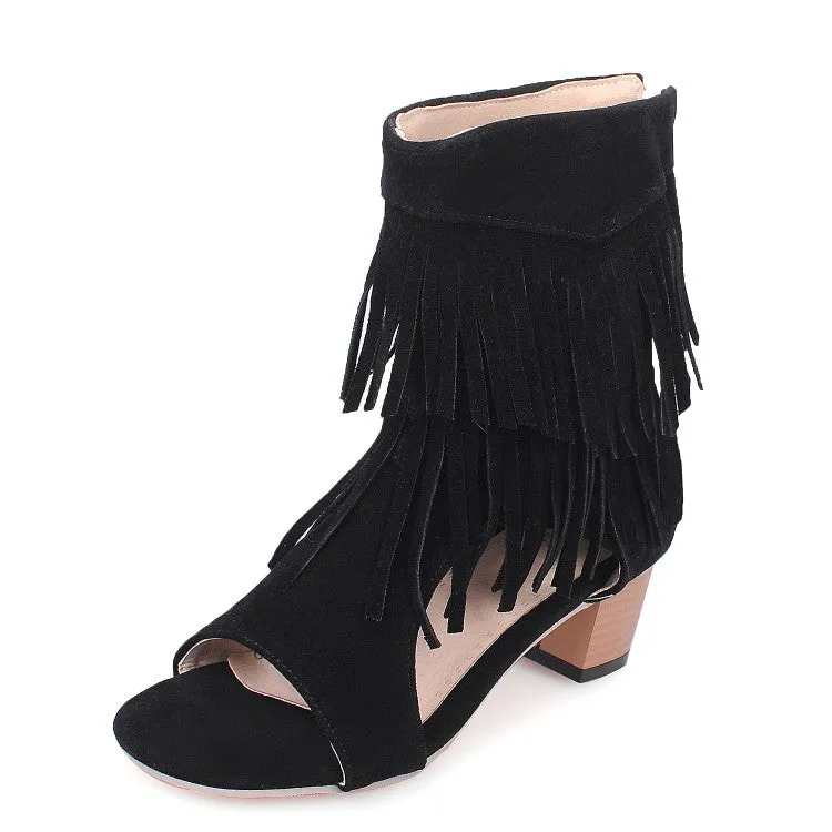 Women's Solid Color Suede Tassel Round Toe Hollow Out Block Heel Sandals