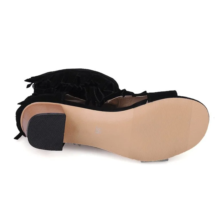 Women's Solid Color Suede Tassel Round Toe Hollow Out Block Heel Sandals
