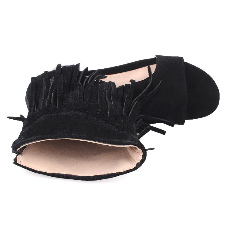 Women's Solid Color Suede Tassel Round Toe Hollow Out Block Heel Sandals