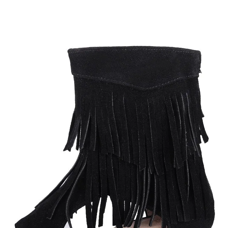 Women's Solid Color Suede Tassel Round Toe Hollow Out Block Heel Sandals