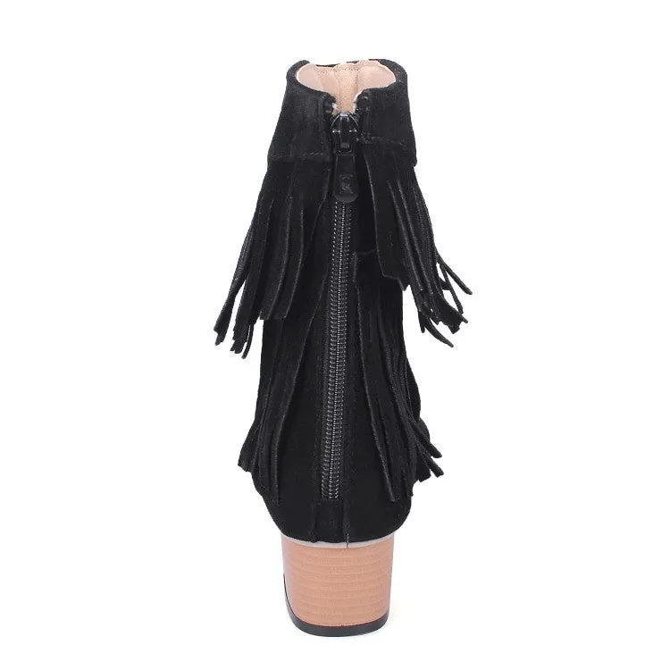 Women's Solid Color Suede Tassel Round Toe Hollow Out Block Heel Sandals