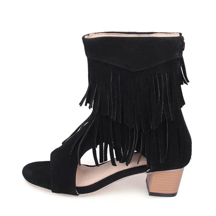 Women's Solid Color Suede Tassel Round Toe Hollow Out Block Heel Sandals