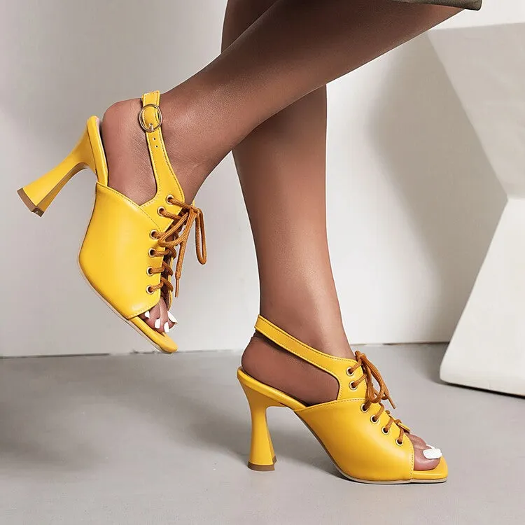 Women's Square Toe Lace-Up Slingbacks Spool Heel Sandals